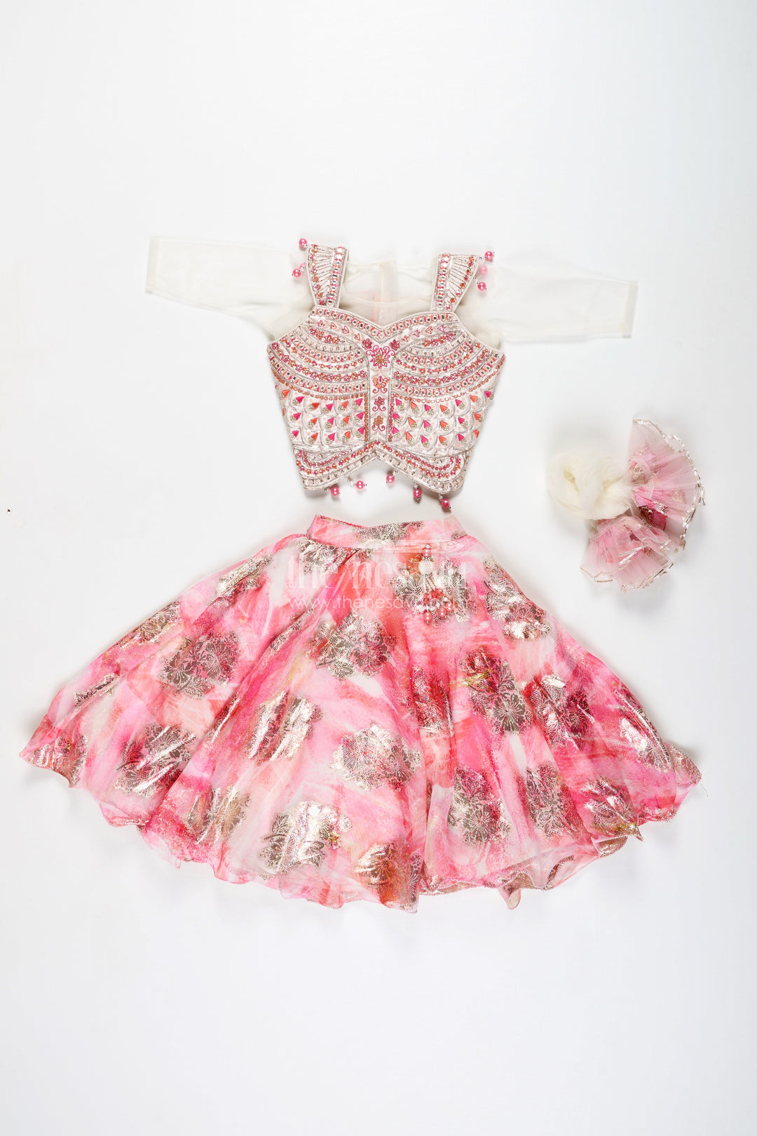 The Nesavu Girls Lehenga Choli Girls Pink Designer Lehenga Choli with Pearl Embellished Blouse Nesavu Nesavu Pink Designer Lehenga Choli Pearl Blouse Foil Print Skirt Festive Occasions