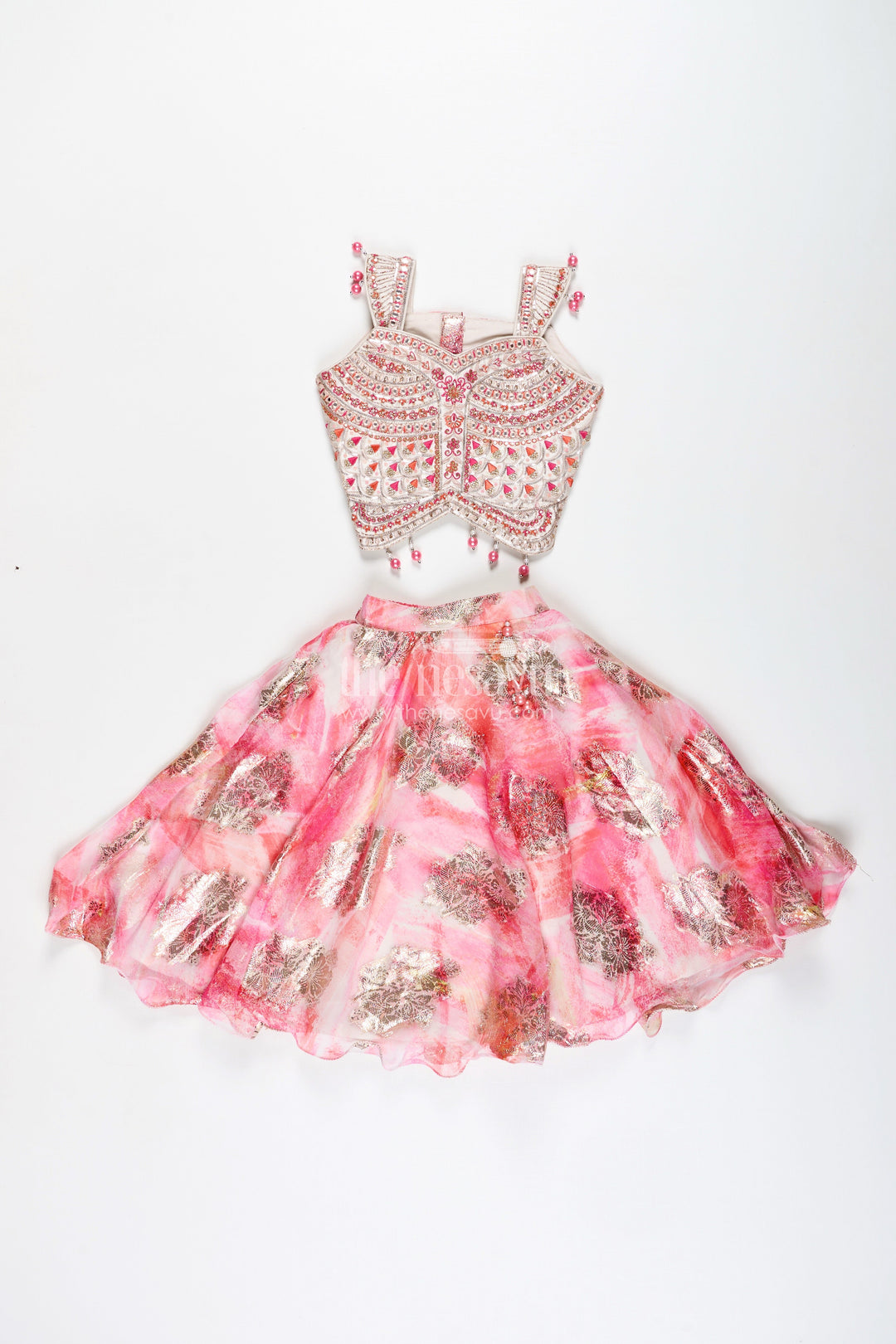 The Nesavu Girls Lehenga Choli Girls Pink Designer Lehenga Choli with Pearl Embellished Blouse Nesavu Nesavu Pink Designer Lehenga Choli Pearl Blouse Foil Print Skirt Festive Occasions