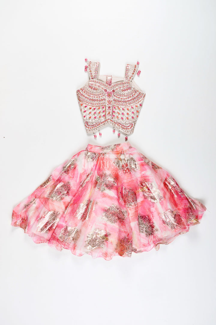 The Nesavu Girls Lehenga Choli Girls Pink Designer Lehenga Choli with Pearl Embellished Blouse Nesavu Nesavu Pink Designer Lehenga Choli Pearl Blouse Foil Print Skirt Festive Occasions