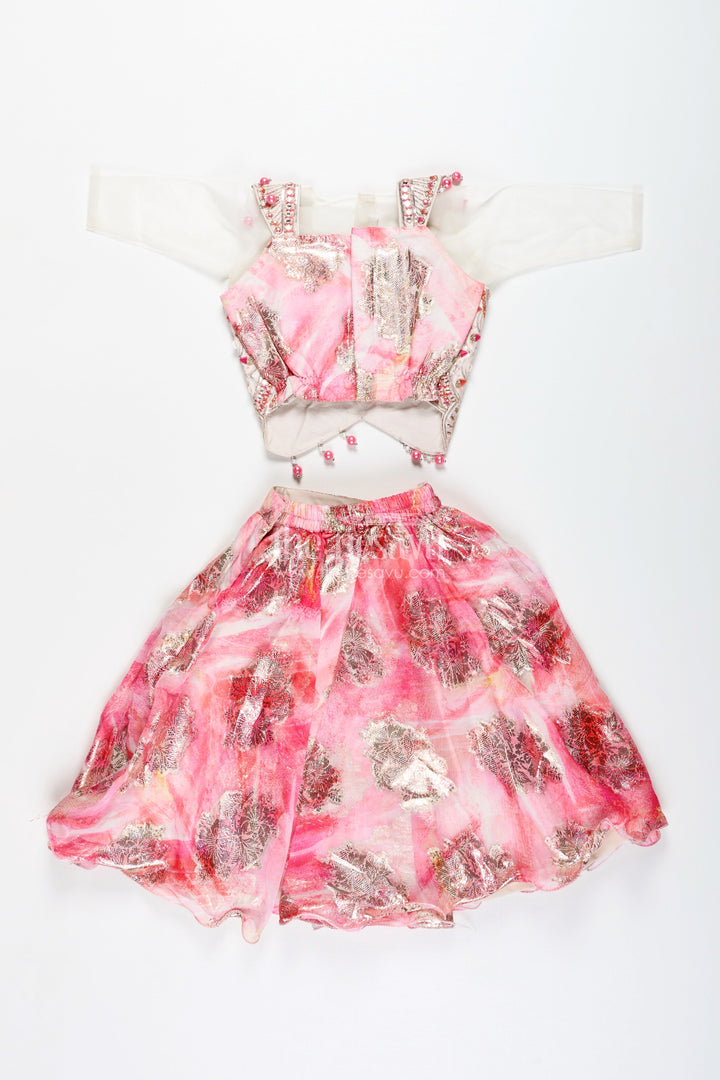 The Nesavu Girls Lehenga Choli Girls Pink Designer Lehenga Choli with Pearl Embellished Blouse Nesavu Nesavu Pink Designer Lehenga Choli Pearl Blouse Foil Print Skirt Festive Occasions