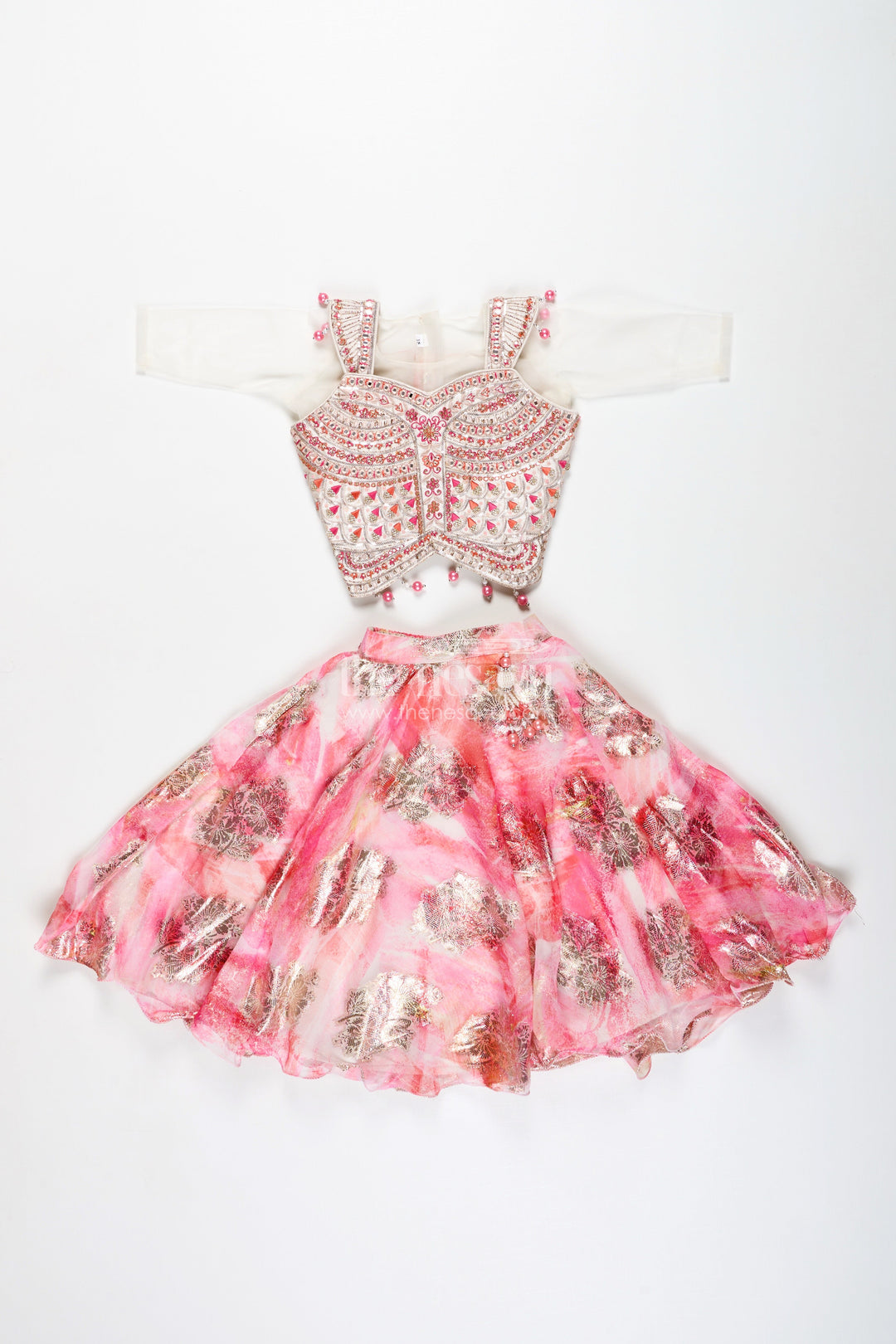 The Nesavu Girls Lehenga Choli Girls Pink Designer Lehenga Choli with Pearl Embellished Blouse Nesavu Nesavu Pink Designer Lehenga Choli Pearl Blouse Foil Print Skirt Festive Occasions