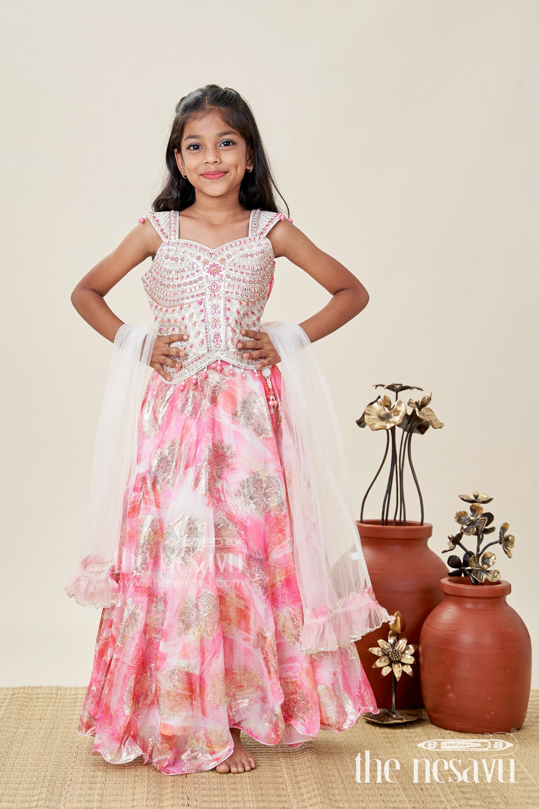 The Nesavu Girls Lehenga Choli Girls Pink Designer Lehenga Choli with Pearl Embellished Blouse Nesavu Nesavu Pink Designer Lehenga Choli Pearl Blouse Foil Print Skirt Festive Occasions