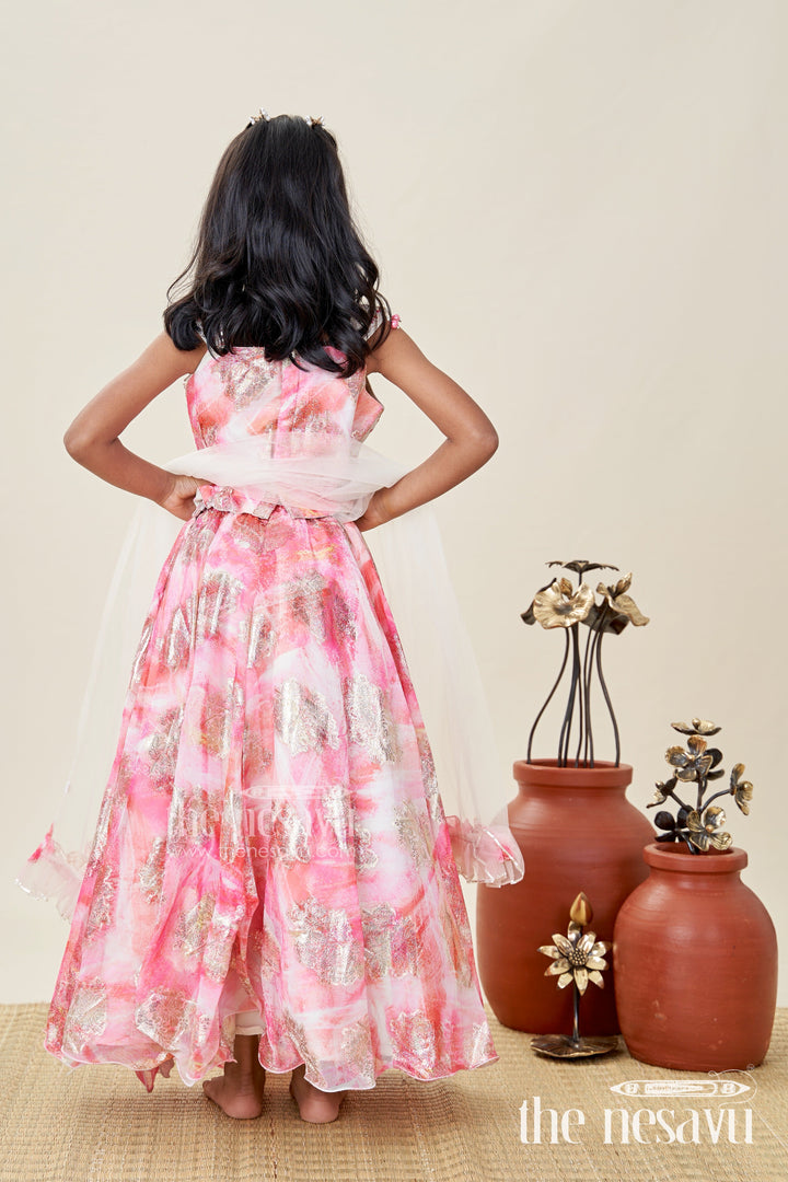The Nesavu Girls Lehenga Choli Girls Pink Designer Lehenga Choli with Pearl Embellished Blouse Nesavu Nesavu Pink Designer Lehenga Choli Pearl Blouse Foil Print Skirt Festive Occasions