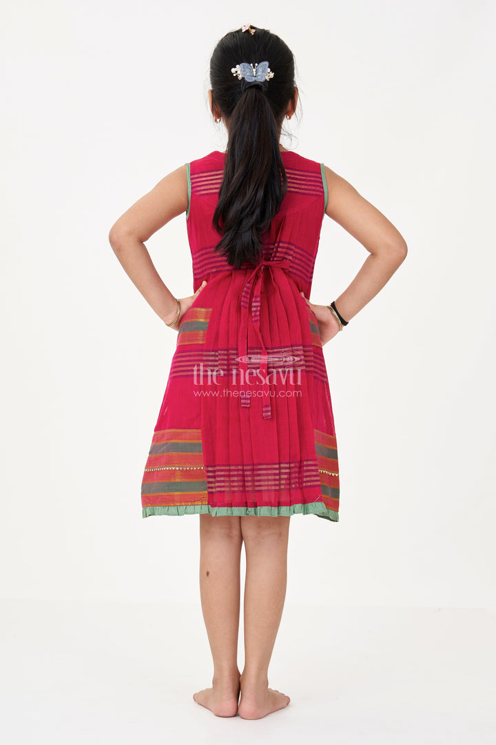 The Nesavu Girls Cotton Frock Girls Pink Dress a Line in Mangalgiri Cotton with Traditional Striped Design and Elegant Pleats Nesavu Girls A Line Pink Dress Mangalgiri Cotton Striped Design Golden Yoke Detail | The Nesavu