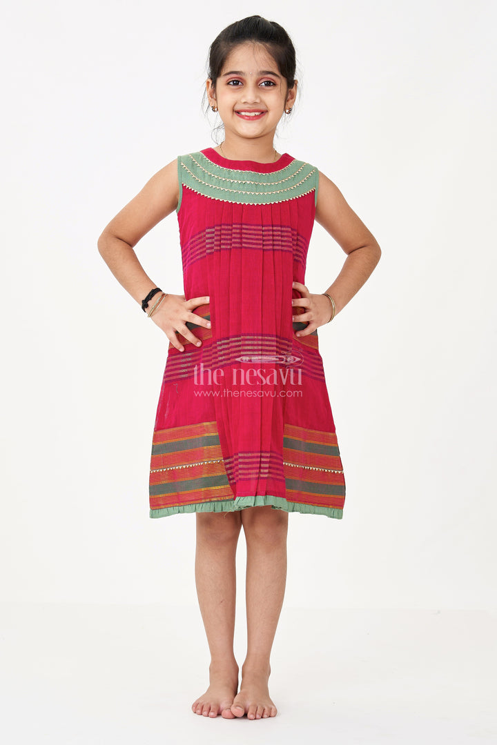 The Nesavu Girls Cotton Frock Girls Pink Dress a Line in Mangalgiri Cotton with Traditional Striped Design and Elegant Pleats Nesavu Girls A Line Pink Dress Mangalgiri Cotton Striped Design Golden Yoke Detail | The Nesavu