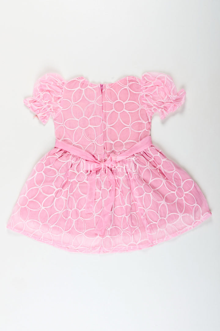 The Nesavu Girls Fancy Frock Girls pink embroidered organza frock with floral brooch for festive wear Nesavu Nesavu girls pink embroidered organza frock puff sleeves floral brooch birthdays