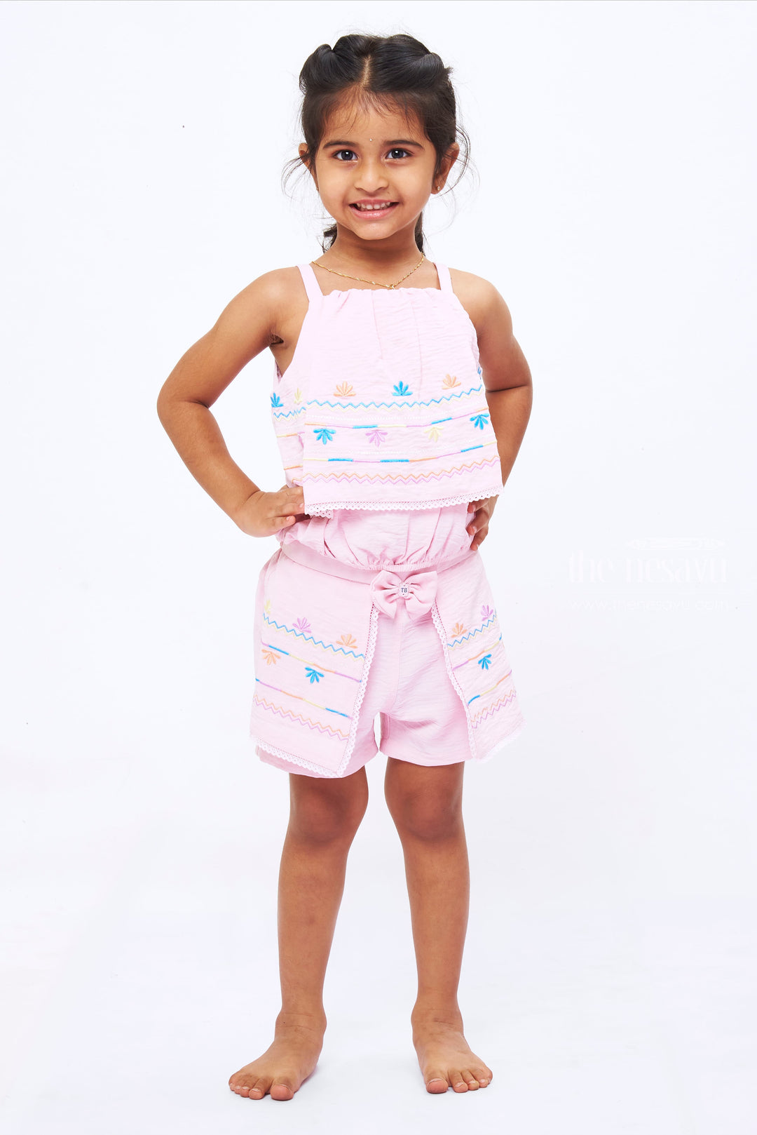The Nesavu Baby Casual Sets Girls Pink Embroidered Top and Shorts Set - Charming Summer Ensemble Nesavu 18 (2Y) / Pink BFJ511C-18 Embroidered Summer Top and Shorts Set for Girls | Pink Playwear | The Nesavu