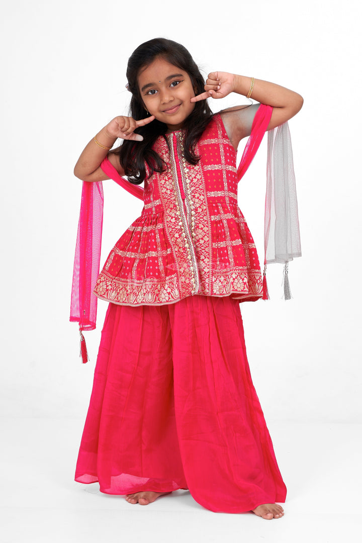 The Nesavu Girls Sharara / Plazo Set Girls Pink Fancy Sharara Set with Gold Brocade Work for Weddings and Special Occasions Nesavu 24 (5Y) / Pink GPS407A-24 Nesavu Girls Pink Sharara Set Gold Brocade Tassel Dupatta Festive Celebrations Weddings