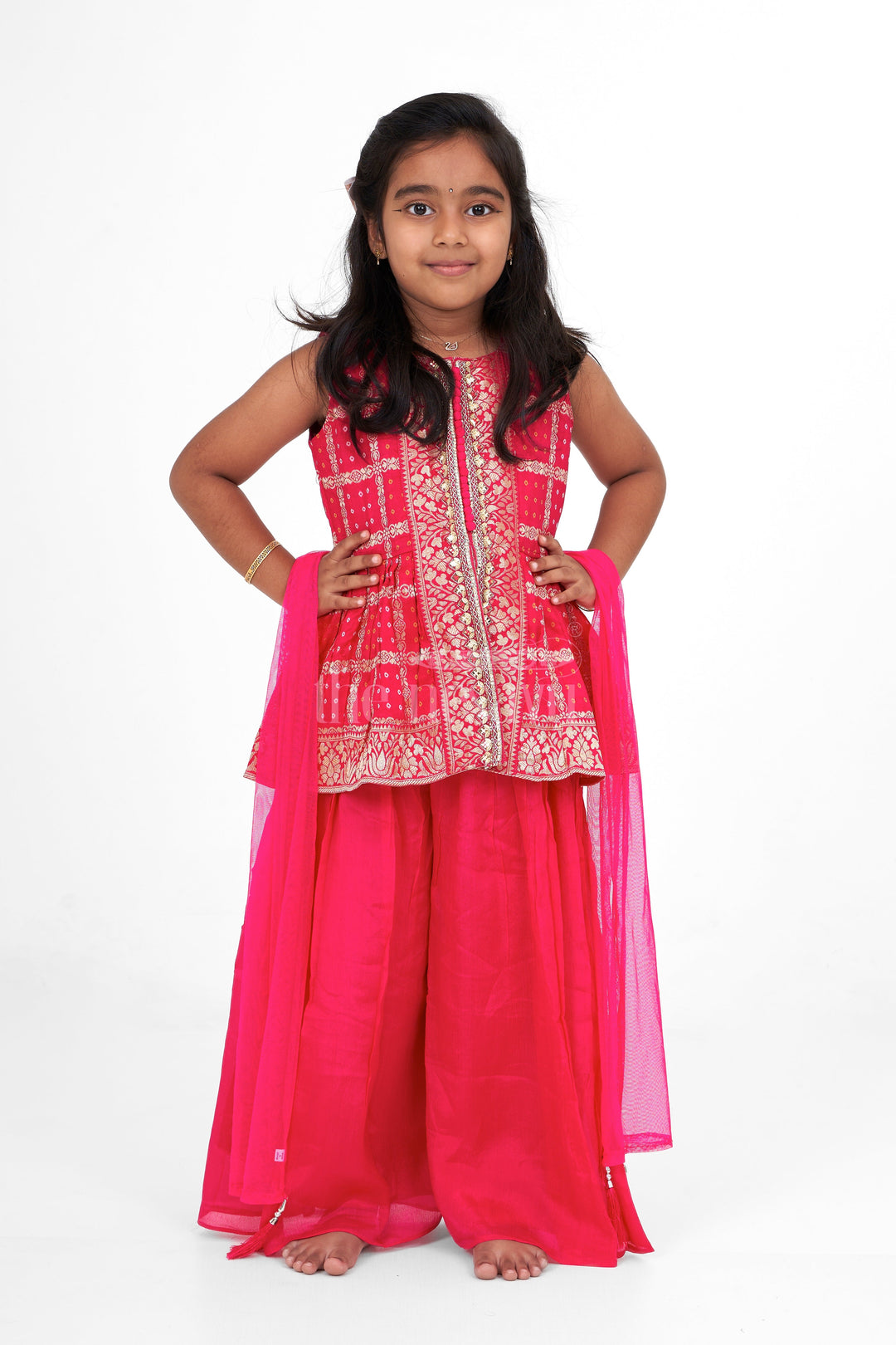 The Nesavu Girls Sharara / Plazo Set Girls Pink Fancy Sharara Set with Gold Brocade Work for Weddings and Special Occasions Nesavu Nesavu Girls Pink Sharara Set Gold Brocade Tassel Dupatta Festive Celebrations Weddings