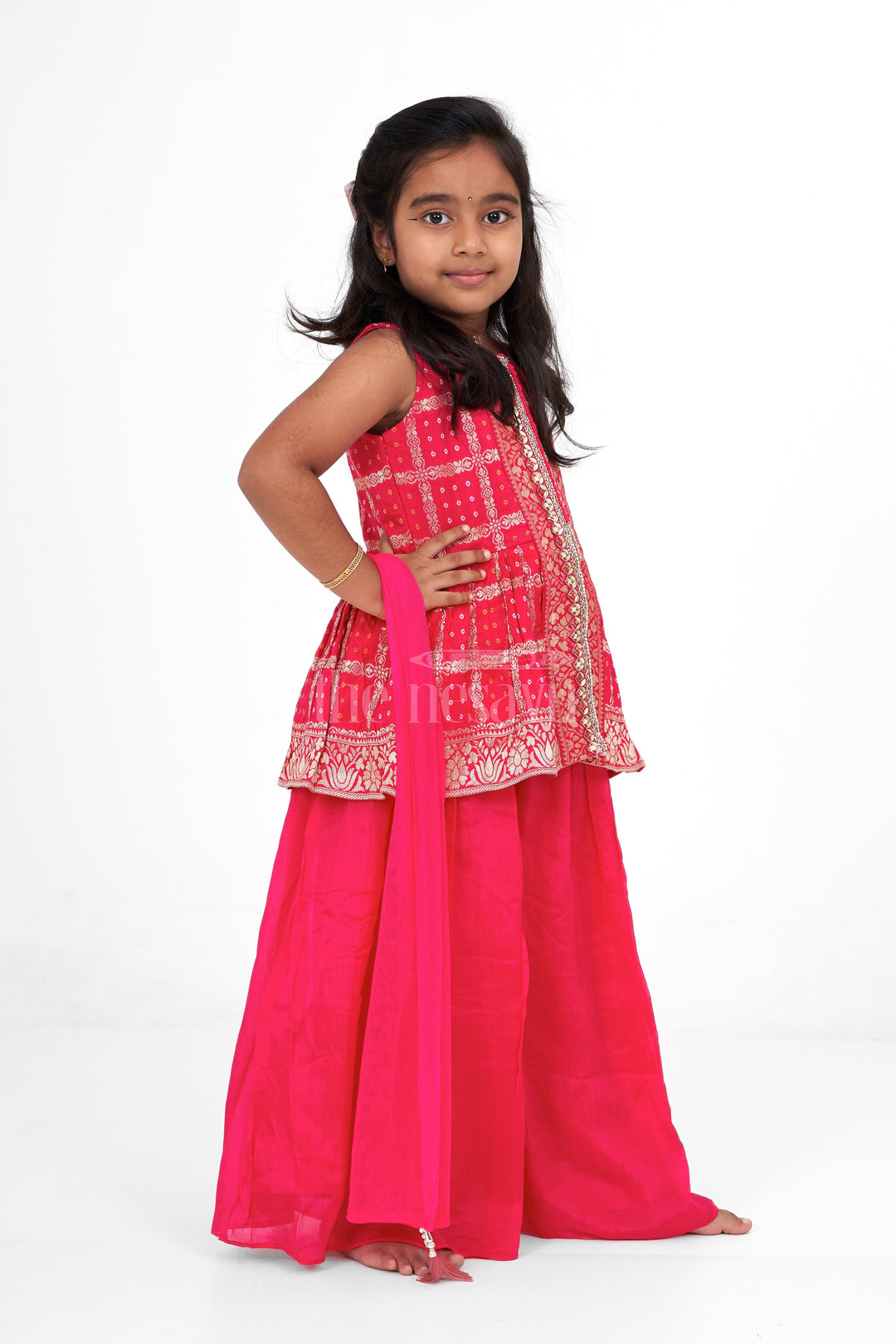 The Nesavu Girls Sharara / Plazo Set Girls Pink Fancy Sharara Set with Gold Brocade Work for Weddings and Special Occasions Nesavu Nesavu Girls Pink Sharara Set Gold Brocade Tassel Dupatta Festive Celebrations Weddings