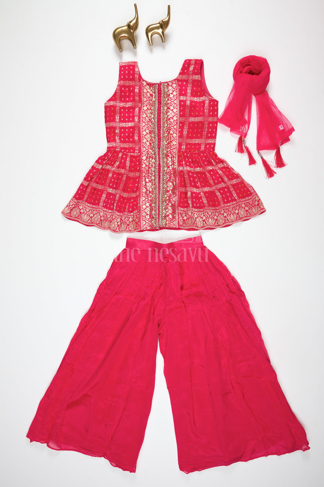 The Nesavu Girls Sharara / Plazo Set Girls Pink Fancy Sharara Set with Gold Brocade Work for Weddings and Special Occasions Nesavu Nesavu Girls Pink Sharara Set Gold Brocade Tassel Dupatta Festive Celebrations Weddings