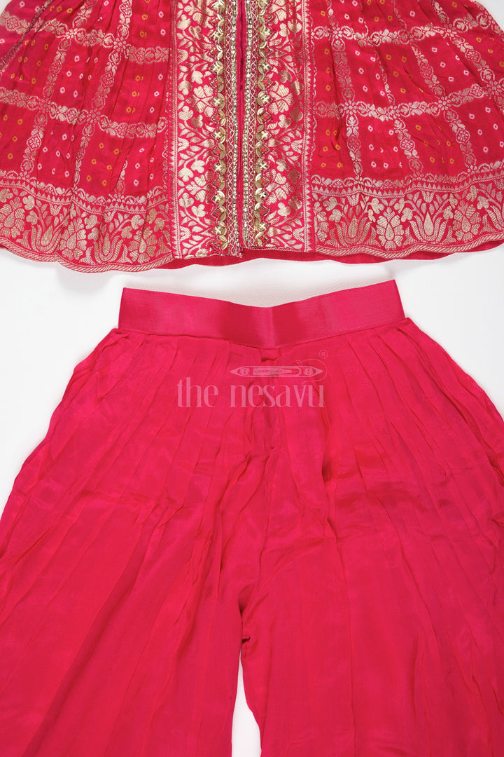 The Nesavu Girls Sharara / Plazo Set Girls Pink Fancy Sharara Set with Gold Brocade Work for Weddings and Special Occasions Nesavu Nesavu Girls Pink Sharara Set Gold Brocade Tassel Dupatta Festive Celebrations Weddings