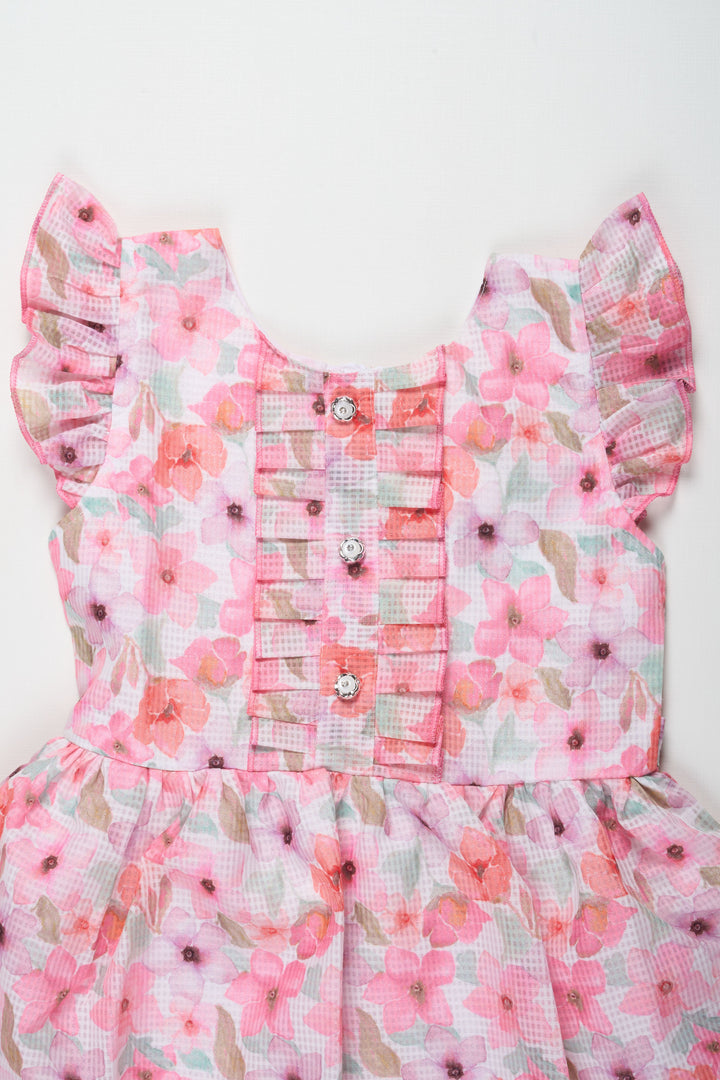 The Nesavu Girls Cotton Frock Girls Pink Floral Cotton Frock with Pleated Skirt and Ruffle Sleeves for Adorable Cute Frock Design Nesavu Nesavu Girls Cotton Blend Pink Frock Floral Digital Print Ruffle Sleeves cute frock design