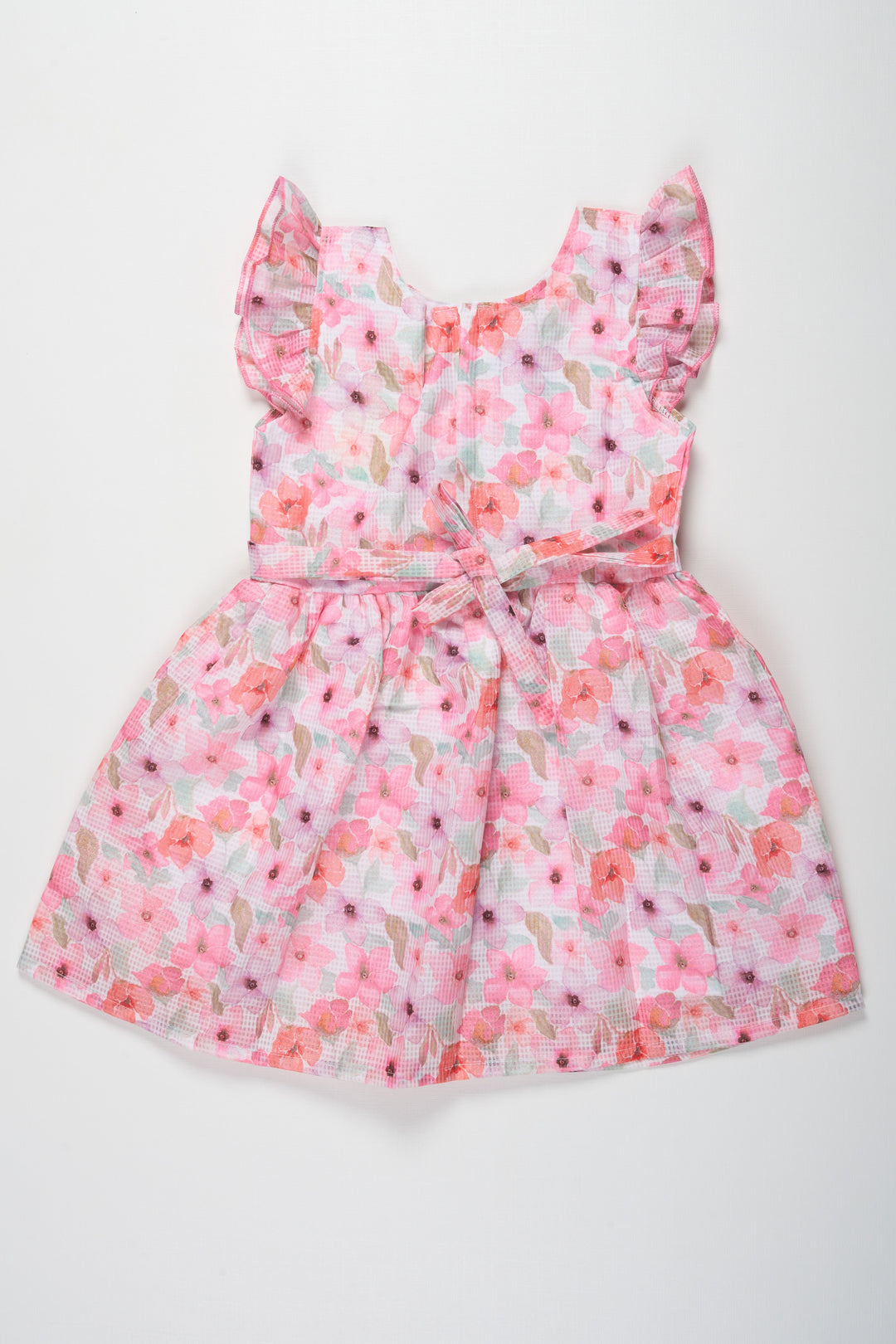 The Nesavu Girls Cotton Frock Girls Pink Floral Cotton Frock with Pleated Skirt and Ruffle Sleeves for Adorable Cute Frock Design Nesavu Nesavu Girls Cotton Blend Pink Frock Floral Digital Print Ruffle Sleeves cute frock design