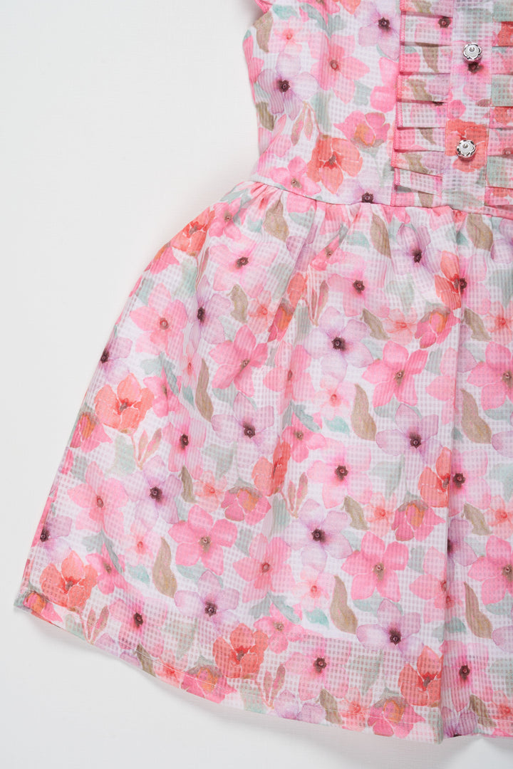 The Nesavu Girls Cotton Frock Girls Pink Floral Cotton Frock with Pleated Skirt and Ruffle Sleeves for Adorable Cute Frock Design Nesavu Nesavu Girls Cotton Blend Pink Frock Floral Digital Print Ruffle Sleeves cute frock design