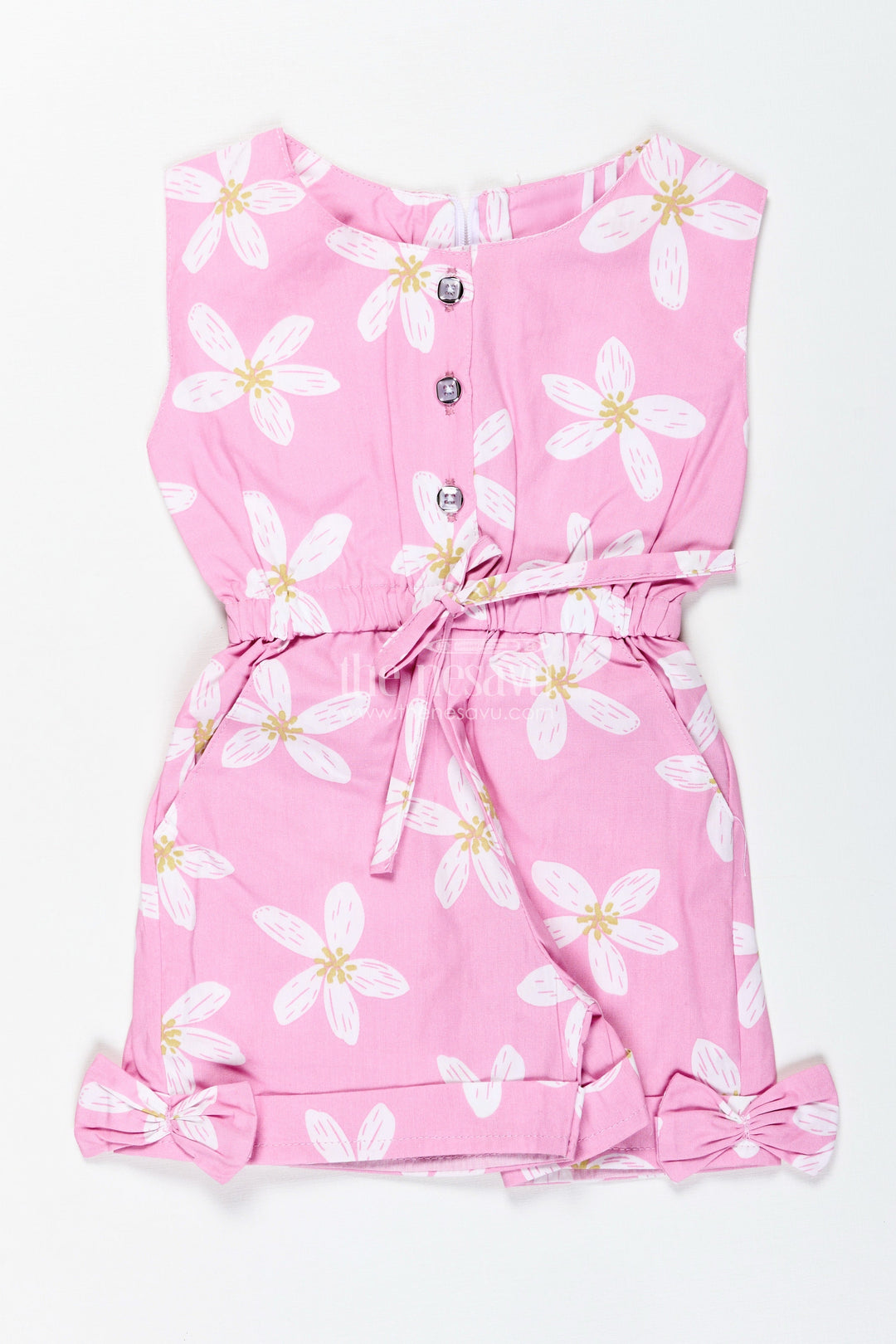 The Nesavu Girls Jumpsuit Girls Pink Floral Cotton Jumpsuit with Bow Headband for Playdates and Parties Nesavu 20 (3Y) / pink BFJ839A-20 Nesavu Pink Floral Cotton Jumpsuit Matching Headband Comfy Outfit Toddler Girls