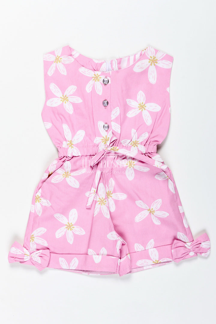 The Nesavu Girls Jumpsuit Girls Pink Floral Cotton Jumpsuit with Bow Headband for Playdates and Parties Nesavu Nesavu Pink Floral Cotton Jumpsuit Matching Headband Comfy Outfit Toddler Girls