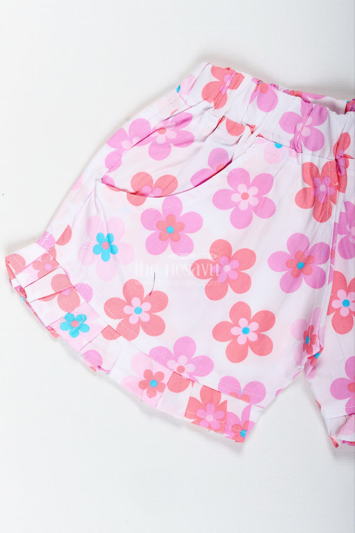 The Nesavu Girls Shorts Girls Pink Floral Cotton Shorts with Pleated Hem for Playful Summer Wear Nesavu Nesavu Girls Floral Cotton Shorts Pink Lightweight Summer Shorts Pleated Trim