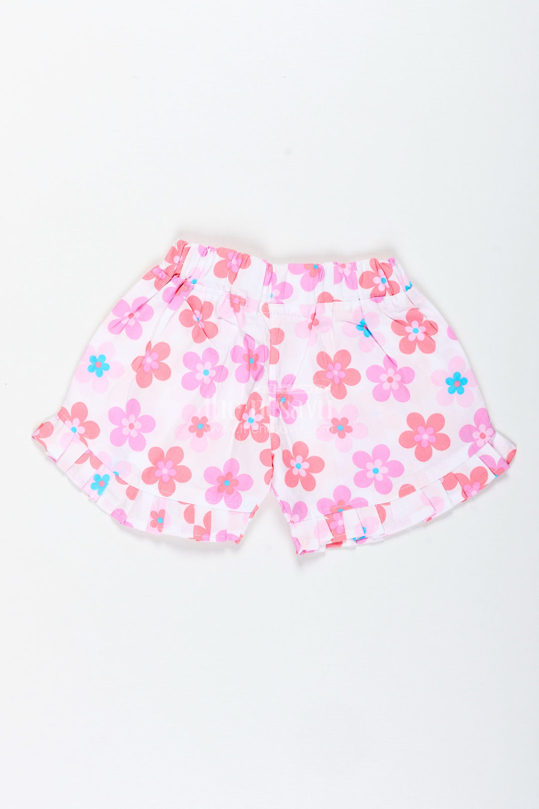 The Nesavu Girls Shorts Girls Pink Floral Cotton Shorts with Pleated Hem for Playful Summer Wear Nesavu Nesavu Girls Floral Cotton Shorts Pink Lightweight Summer Shorts Pleated Trim