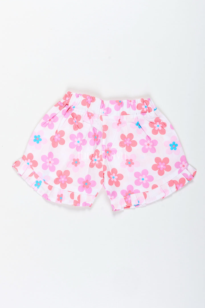 The Nesavu Girls Shorts Girls Pink Floral Cotton Shorts with Pleated Hem for Playful Summer Wear Nesavu Nesavu Girls Floral Cotton Shorts Pink Lightweight Summer Shorts Pleated Trim