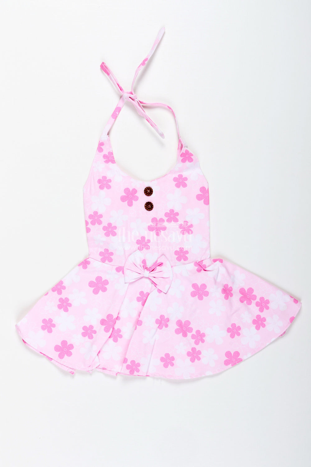 The Nesavu Girls Cotton Frock Girls Pink Floral Frock with Bow Detail for Everyday Twirls Nesavu 16 (1Y) / Pink GFC1885A-16 Nesavu Pink Floral Cotton Frock Toddler Girls Breezy Summer Dress Pleats Bow