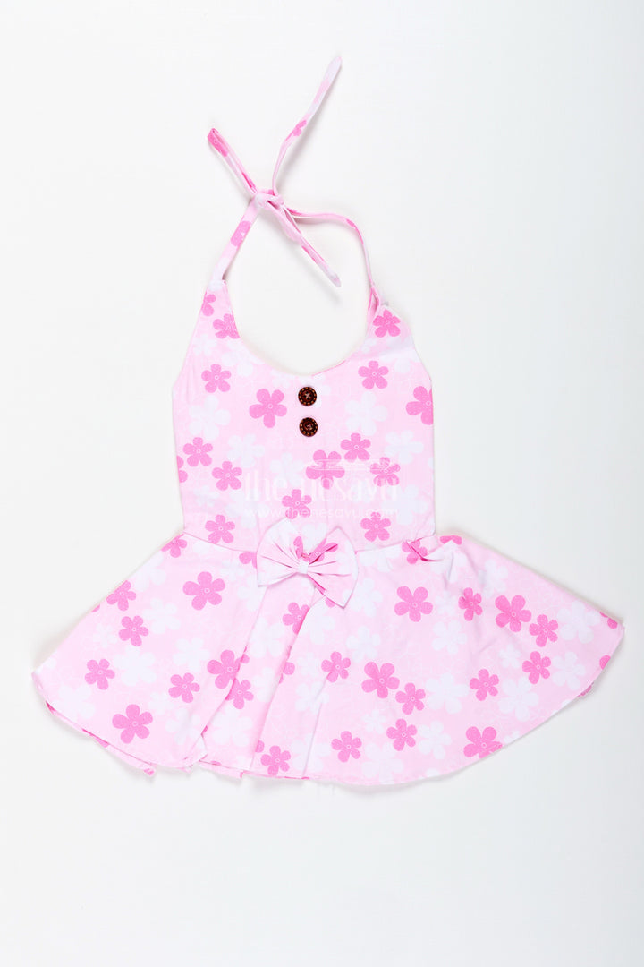 The Nesavu Girls Cotton Frock Girls Pink Floral Frock with Bow Detail for Everyday Twirls Nesavu 16 (1Y) / Pink GFC1885A-16 Nesavu Pink Floral Cotton Frock Toddler Girls Breezy Summer Dress Pleats Bow