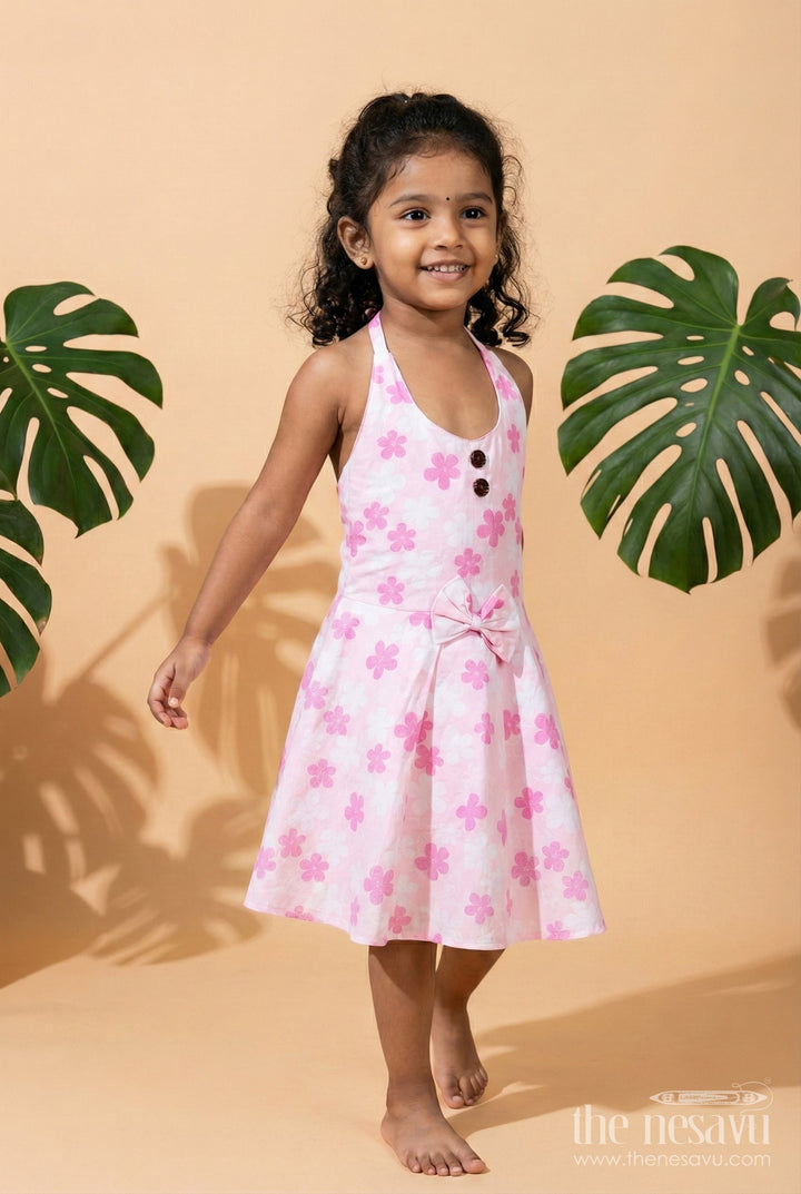 The Nesavu Girls Cotton Frock Girls Pink Floral Frock with Bow Detail for Everyday Twirls Nesavu 16 (1Y) / Pink GFC1885A-16 Nesavu Pink Floral Cotton Frock Toddler Girls Breezy Summer Dress Pleats Bow