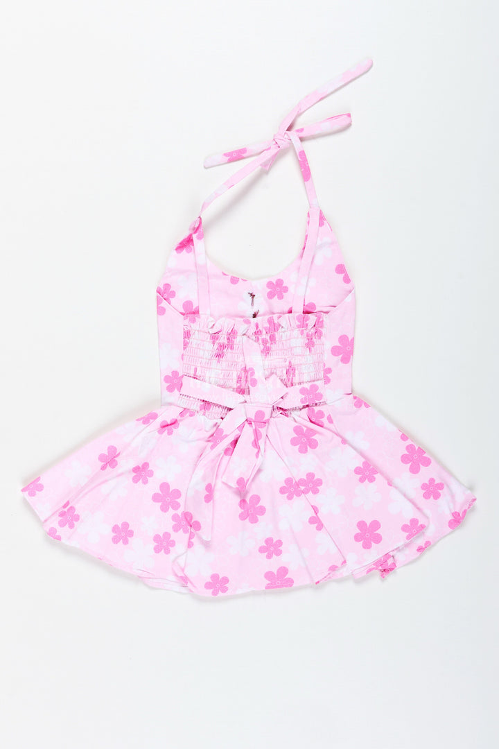 The Nesavu Girls Cotton Frock Girls Pink Floral Frock with Bow Detail for Everyday Twirls Nesavu Nesavu Pink Floral Cotton Frock Toddler Girls Breezy Summer Dress Pleats Bow