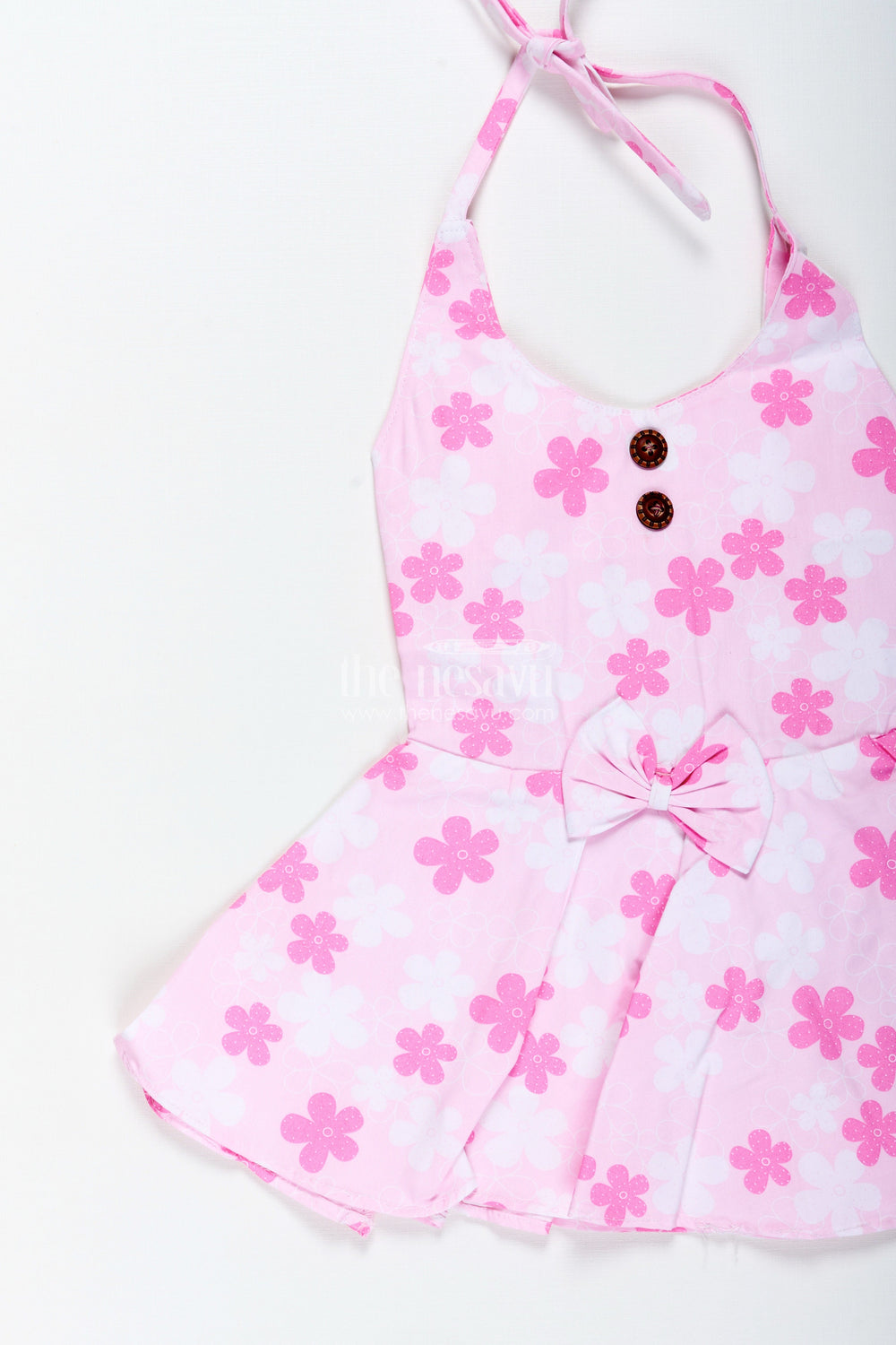 The Nesavu Girls Cotton Frock Girls Pink Floral Frock with Bow Detail for Everyday Twirls Nesavu Nesavu Pink Floral Cotton Frock Toddler Girls Breezy Summer Dress Pleats Bow