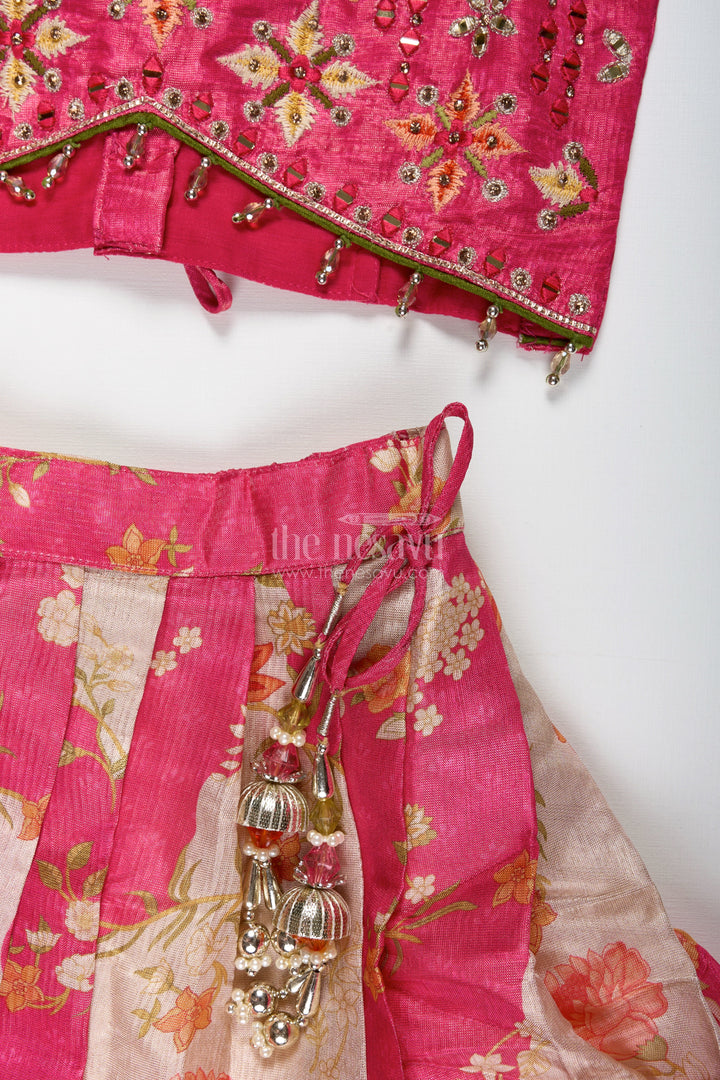 The Nesavu Girls Lehenga Choli Girls Pink Floral Lehenga Choli for Birthday Parties and Poojas Nesavu Nesavu Floral Pink Lehenga Choli Girls Tissue Print Ethnic Outfit Birthdays Poojas