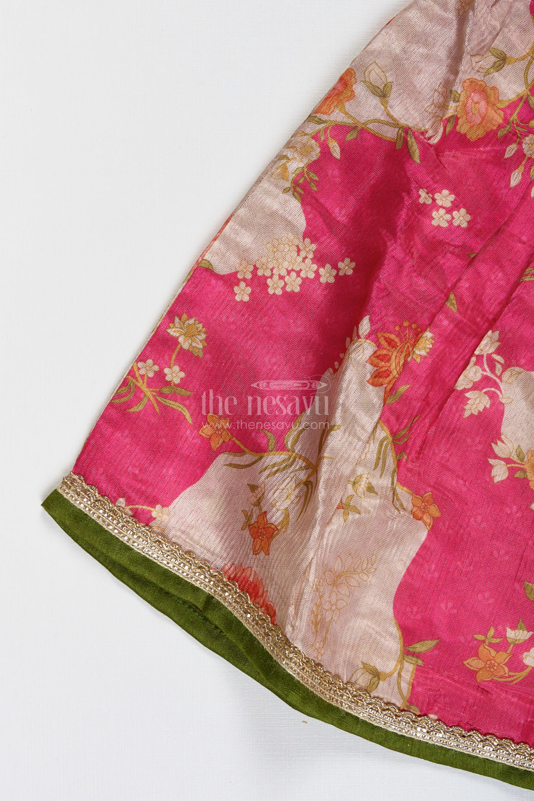The Nesavu Girls Lehenga Choli Girls Pink Floral Lehenga Choli for Birthday Parties and Poojas Nesavu Nesavu Floral Pink Lehenga Choli Girls Tissue Print Ethnic Outfit Birthdays Poojas