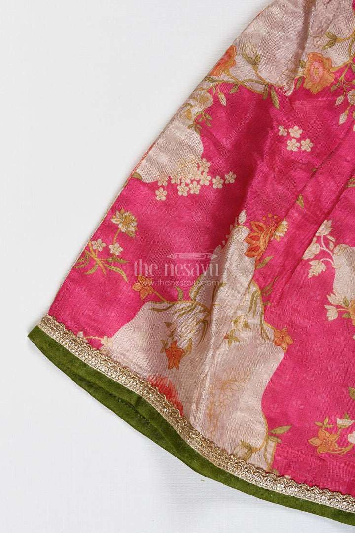 The Nesavu Girls Lehenga Choli Girls Pink Floral Lehenga Choli for Birthday Parties and Poojas Nesavu Nesavu Floral Pink Lehenga Choli Girls Tissue Print Ethnic Outfit Birthdays Poojas