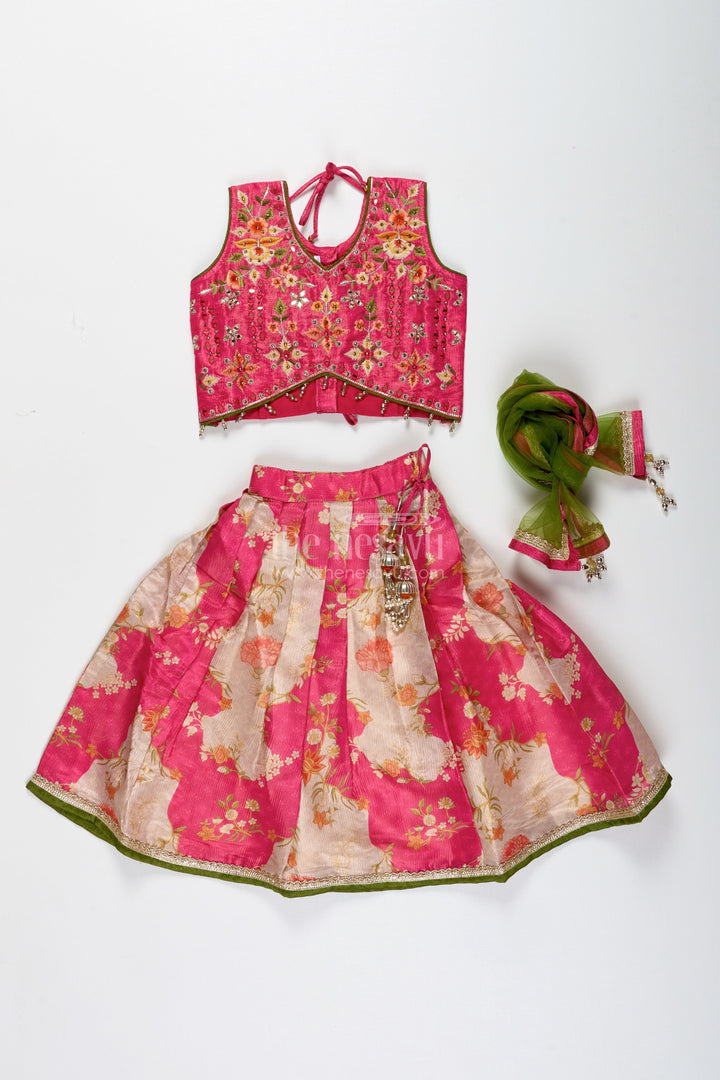 The Nesavu Girls Lehenga Choli Girls Pink Floral Lehenga Choli for Birthday Parties and Poojas Nesavu Nesavu Floral Pink Lehenga Choli Girls Tissue Print Ethnic Outfit Birthdays Poojas