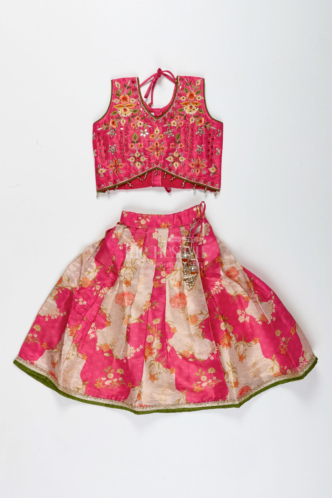 The Nesavu Girls Lehenga Choli Girls Pink Floral Lehenga Choli for Birthday Parties and Poojas Nesavu Nesavu Floral Pink Lehenga Choli Girls Tissue Print Ethnic Outfit Birthdays Poojas