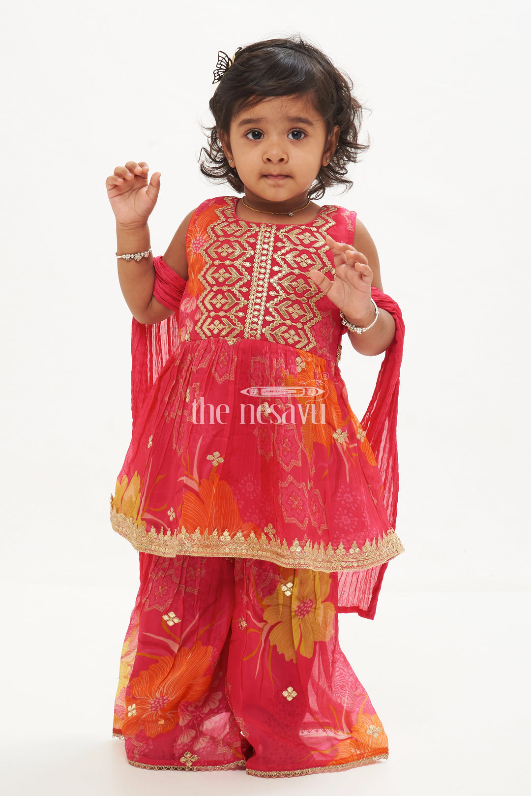 The Nesavu Girls Sharara / Plazo Set Girls' Pink Floral Organza Garara Set with Designer Embroidery Nesavu 16 (1Y) / Red GPS364B-16 Pink Floral Organza Garara Set with Designer Embroidery for Girls