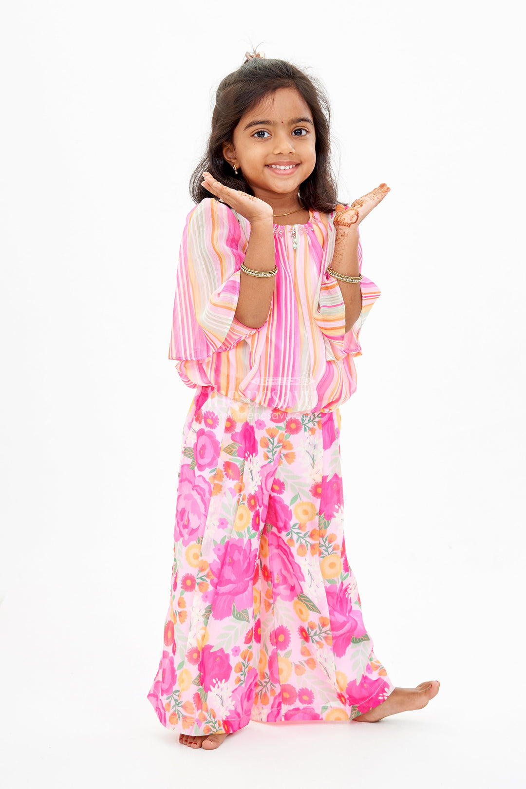 The Nesavu Girls Sharara / Plazo Set Girls Pink Floral Printed Sharara Set with Off-Shoulder Top and Flowy Pants Nesavu 18 (2Y) / Pink GPS514A-18 Girls Pink Off-Shoulder Sharara Set Floral Printed Wide-Leg Pants | The Nesavu