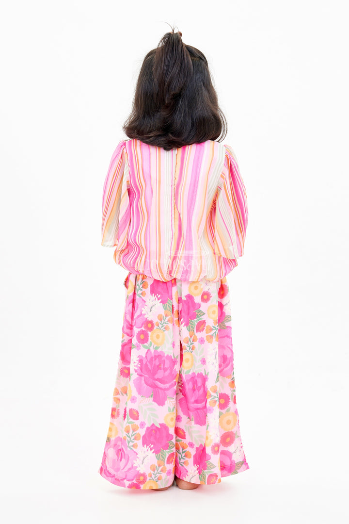 The Nesavu Girls Sharara / Plazo Set Girls Pink Floral Printed Sharara Set with Off-Shoulder Top and Flowy Pants Nesavu Girls Pink Off-Shoulder Sharara Set Floral Printed Wide-Leg Pants | The Nesavu