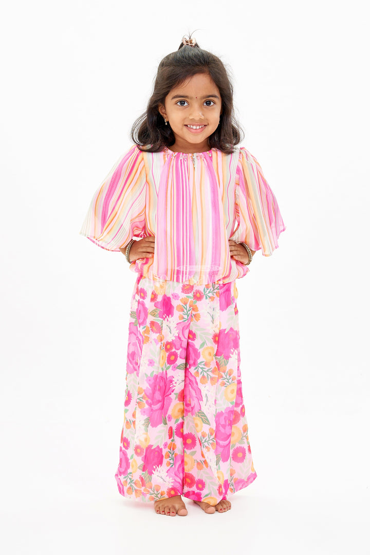 The Nesavu Girls Sharara / Plazo Set Girls Pink Floral Printed Sharara Set with Off-Shoulder Top and Flowy Pants Nesavu Girls Pink Off-Shoulder Sharara Set Floral Printed Wide-Leg Pants | The Nesavu