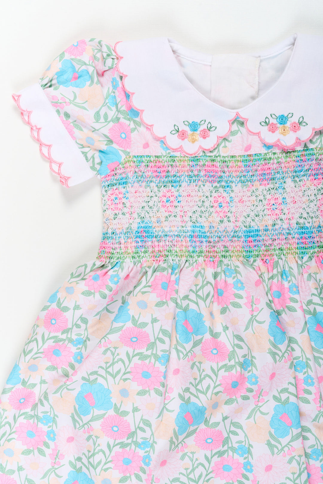 The Nesavu Girls Cotton Frock Girls Pink Flower Print Dress in Cotton with Embroidered Collar and Smocking for a Sweet Vintage Look Nesavu Nesavu Girls Cotton Pink Flower Print Dress Embroidered Collar Smocking Classic Comfort