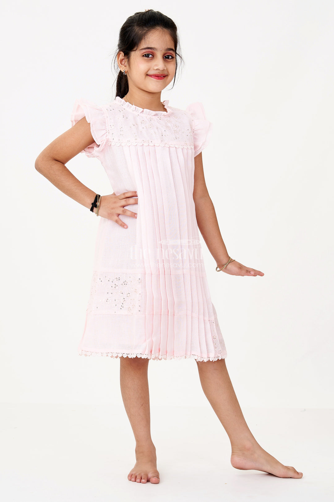 The Nesavu Girls Cotton Frock Girls Pink Frock for Kids with Floral Embroidery and Ruffled Sleeves for Special Occasions Nesavu 22 (4Y) / Pink GFC1646C-22 Nesavu Girls Pink Frock Kids Embroidery Pleated Design Festive Wear