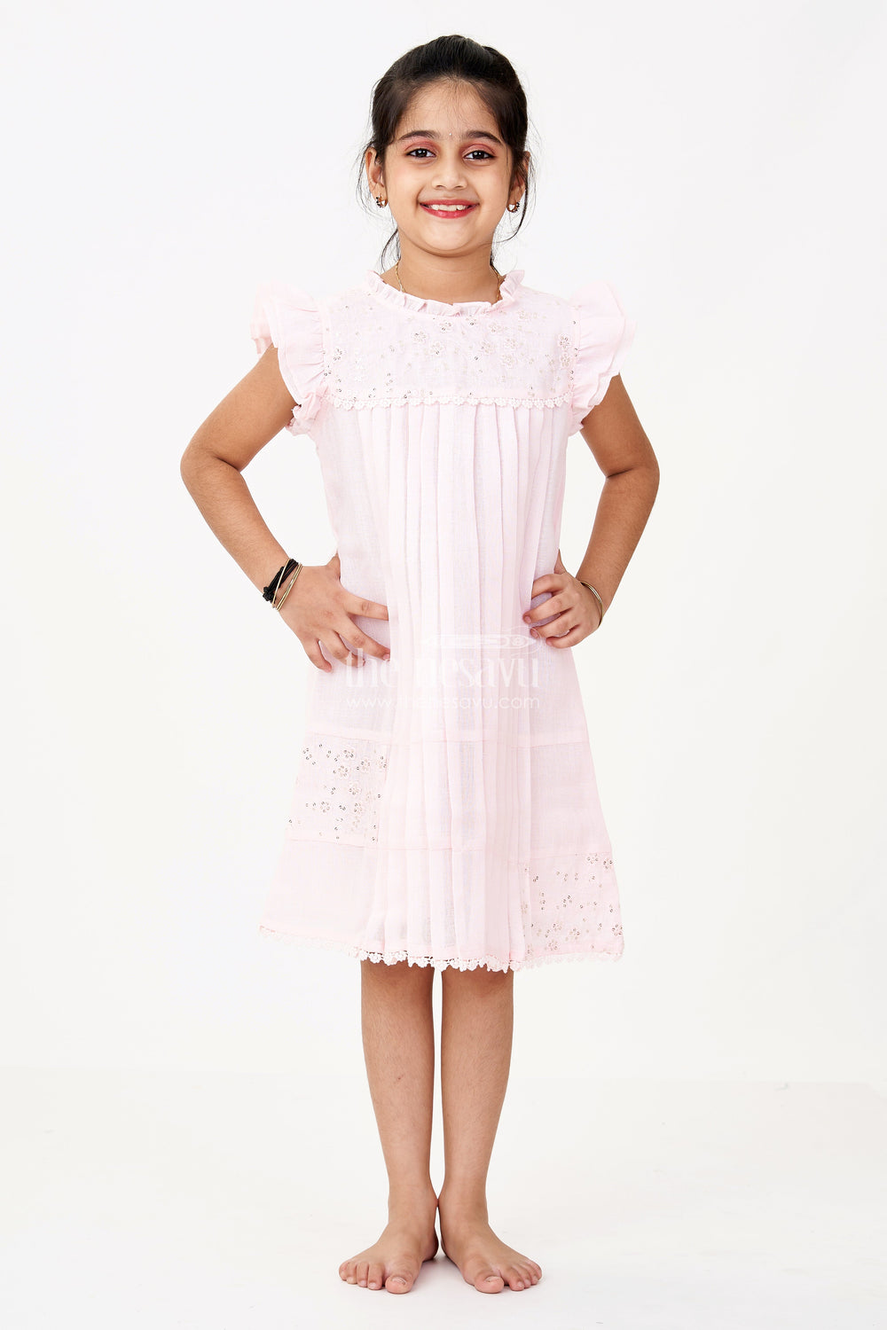 The Nesavu Girls Cotton Frock Girls Pink Frock for Kids with Floral Embroidery and Ruffled Sleeves for Special Occasions Nesavu Nesavu Girls Pink Frock Kids Embroidery Pleated Design Festive Wear