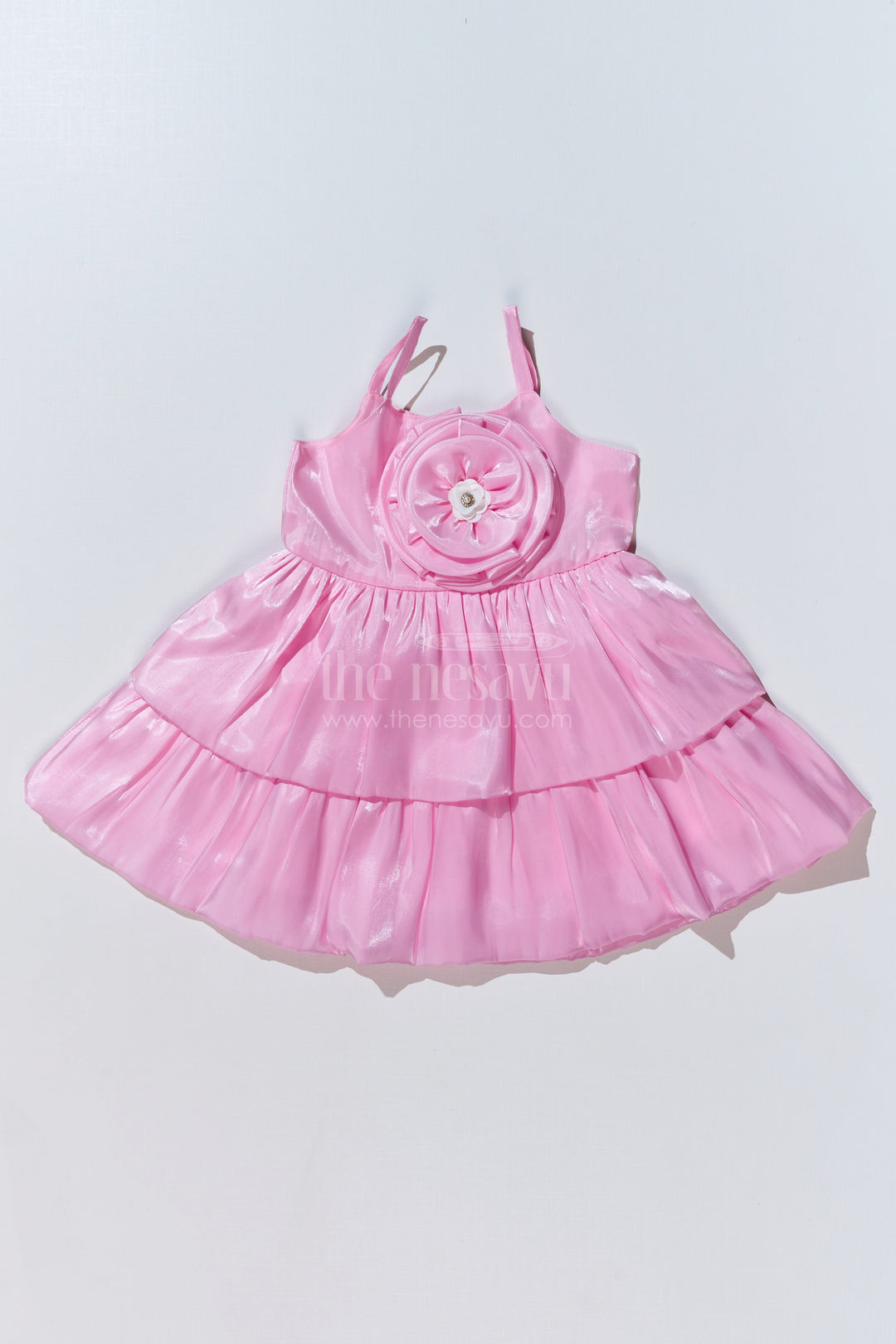 The Nesavu Girls Fancy Party Frock Girls Pink Glaze Satin Organza Birthday Party Frock with Layered Ruffles and Floral Appliqué Nesavu 14 (6M) / Pink PF199A-14 Girls Pink Glaze Satin Organza Birthday Party Frock Ruffles Floral Appliqu | The Nesavu