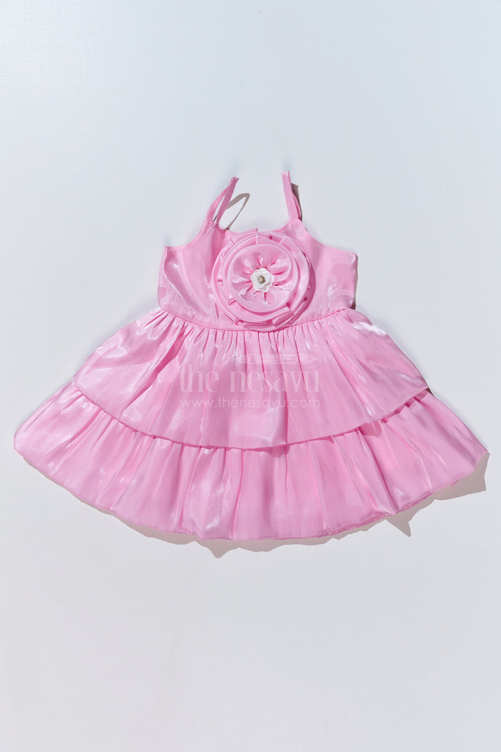 The Nesavu Girls Fancy Party Frock Girls Pink Glaze Satin Organza Birthday Party Frock with Layered Ruffles and Floral Appliqué Nesavu 14 (6M) / Pink PF199A-14 Girls Pink Glaze Satin Organza Birthday Party Frock Ruffles Floral Appliqu | The Nesavu
