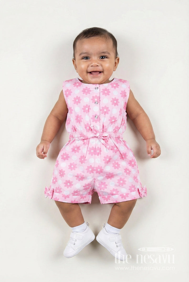 The Nesavu Girls Jumpsuit Girls Pink Jumpsuit with Daisy Print and Headband for Everyday Fun Nesavu 20 (3Y) / pink BFJ841A-20 Nesavu Girls Pink Daisy Print Jumpsuit Bow Headband Perfect Casual Summer Fun