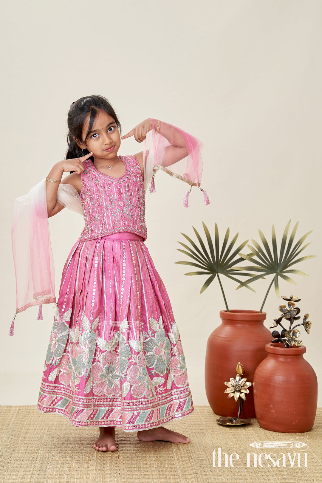 The Nesavu Girls Lehenga Choli Girls Pink Lehenga Choli with Bold Floral Embroidery for Celebrations Nesavu 18 (2Y) / Pink GL689A-18 Nesavu Pink Floral Embroidered Lehenga Choli Girls Viscose Silk Dupatta Mirror Border