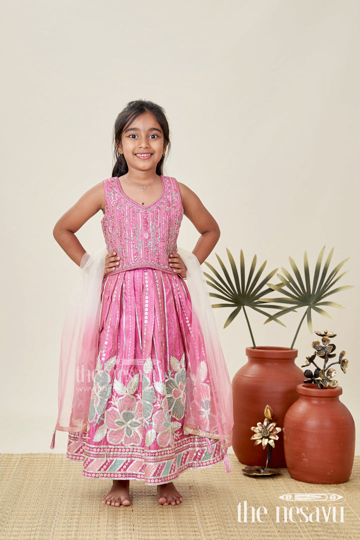 The Nesavu Girls Lehenga Choli Girls Pink Lehenga Choli with Bold Floral Embroidery for Celebrations Nesavu Nesavu Pink Floral Embroidered Lehenga Choli Girls Viscose Silk Dupatta Mirror Border