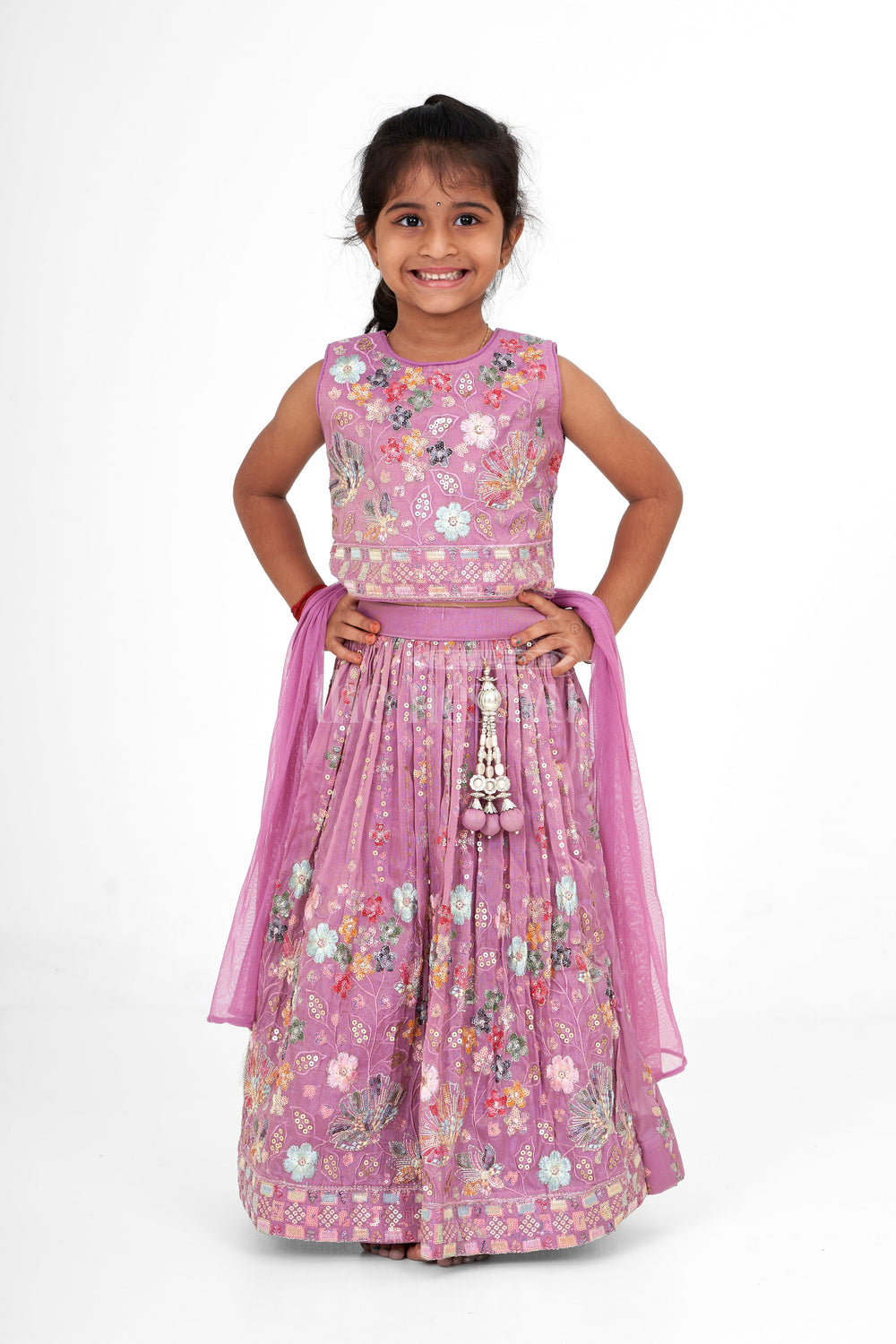 The Nesavu Girls Lehenga Choli Girls Pink Lehenga Choli with Intricate Floral Embroidery and Tassel Embellishments Nesavu Nesavu Girls Pink Lehenga Choli Floral Embroidery Pleated Skirt Weddings