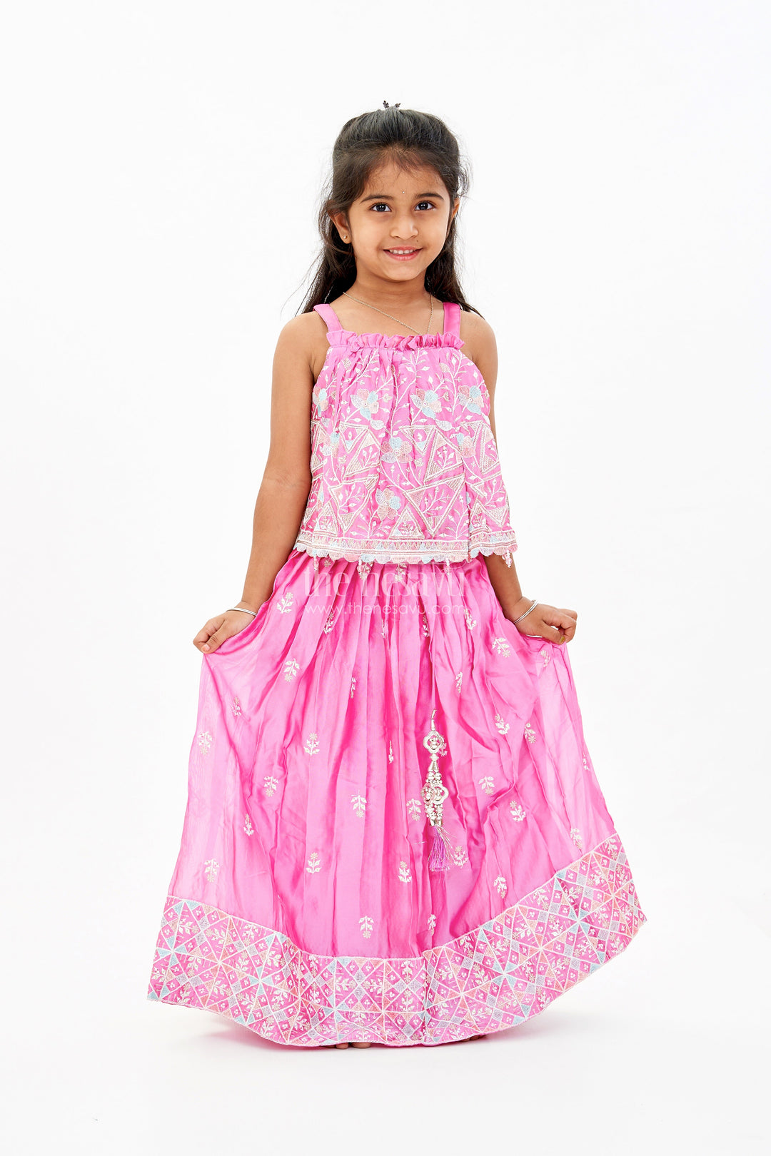 The Nesavu Girls Lehenga Choli Girls Pink Lehenga Designs with Embroidered Choli and Mirror Work Borders Nesavu 16 (1Y) / Pink GL603A-16 Girls Pink Lehenga Designs Embroidered Choli Mirror Work Borders | The Nesavu