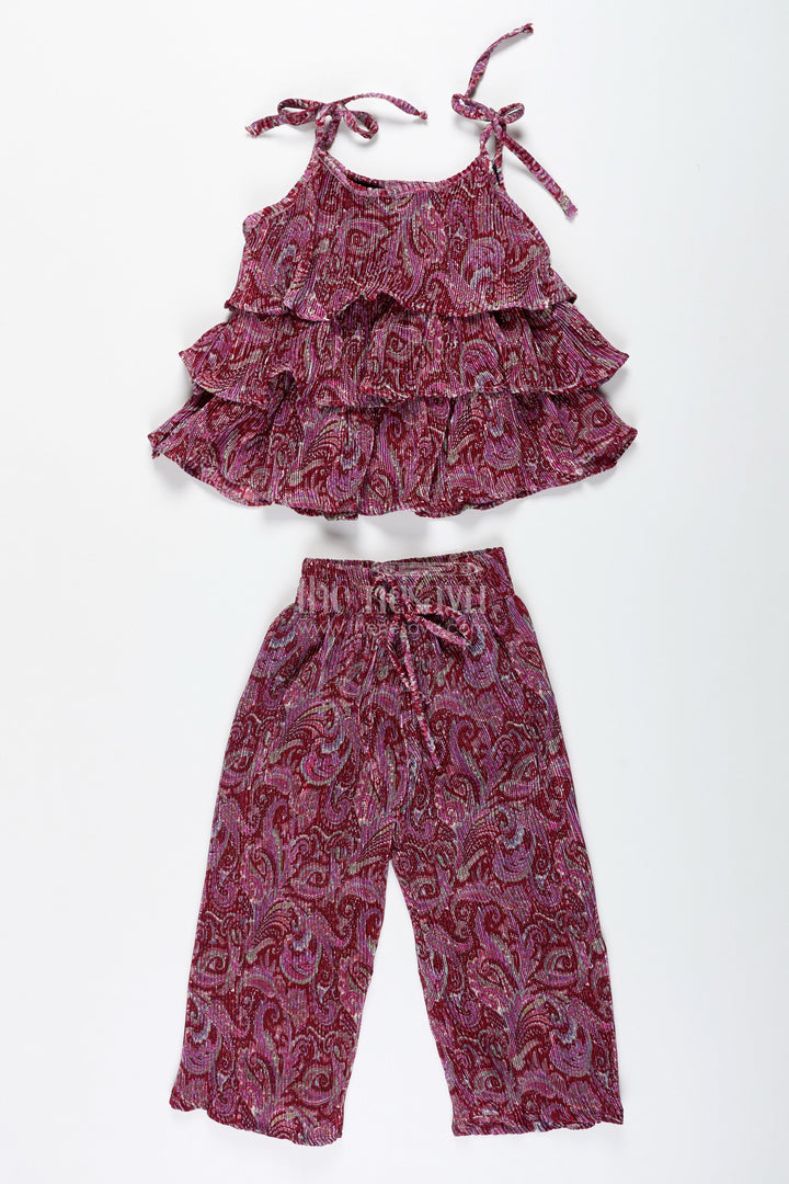 The Nesavu Girls Co-Ord Sets Girls Pink Printed Sharara Set with Layered Frill Top for Weddings and Functions Nesavu 20 (3Y) / Pink GPS732A-20 Nesavu Pink Girls Sharara Outfit Frill Top Festive Chinon Set Weddings Family Events