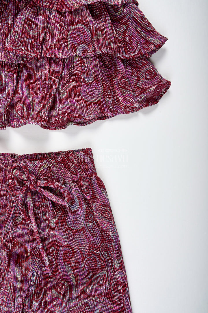 The Nesavu Girls Co-Ord Sets Girls Pink Printed Sharara Set with Layered Frill Top for Weddings and Functions Nesavu Nesavu Pink Girls Sharara Outfit Frill Top Festive Chinon Set Weddings Family Events